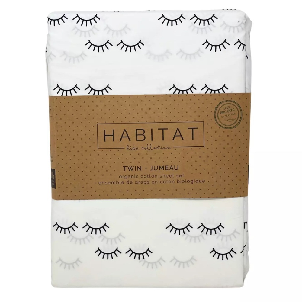 Habitat Kids TWIN 3 PC Soft 100% ORGANIC COTTON White Black Lashes Sheet Set NEW